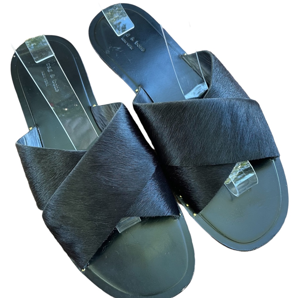 Rag & Bone Keaton Slide Sandals Black Calf Hair Crisscross Nailhead Detail 39